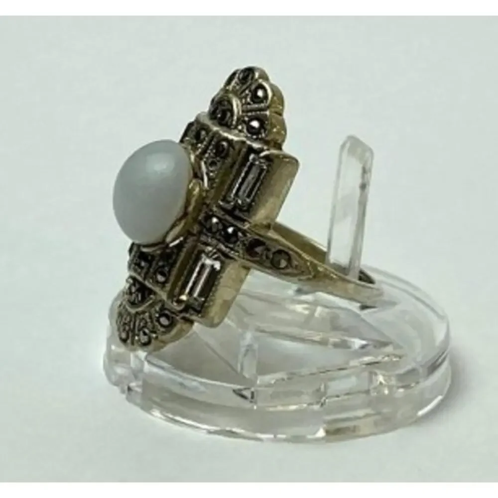 Vintage 925 Sterling Silver Agate, Goshenite & Marcasites Ring Size 5.5